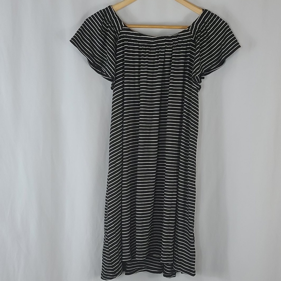 Ruffle Off Shoulder Black White Stripe Flare Dress - Picture 3 of 9